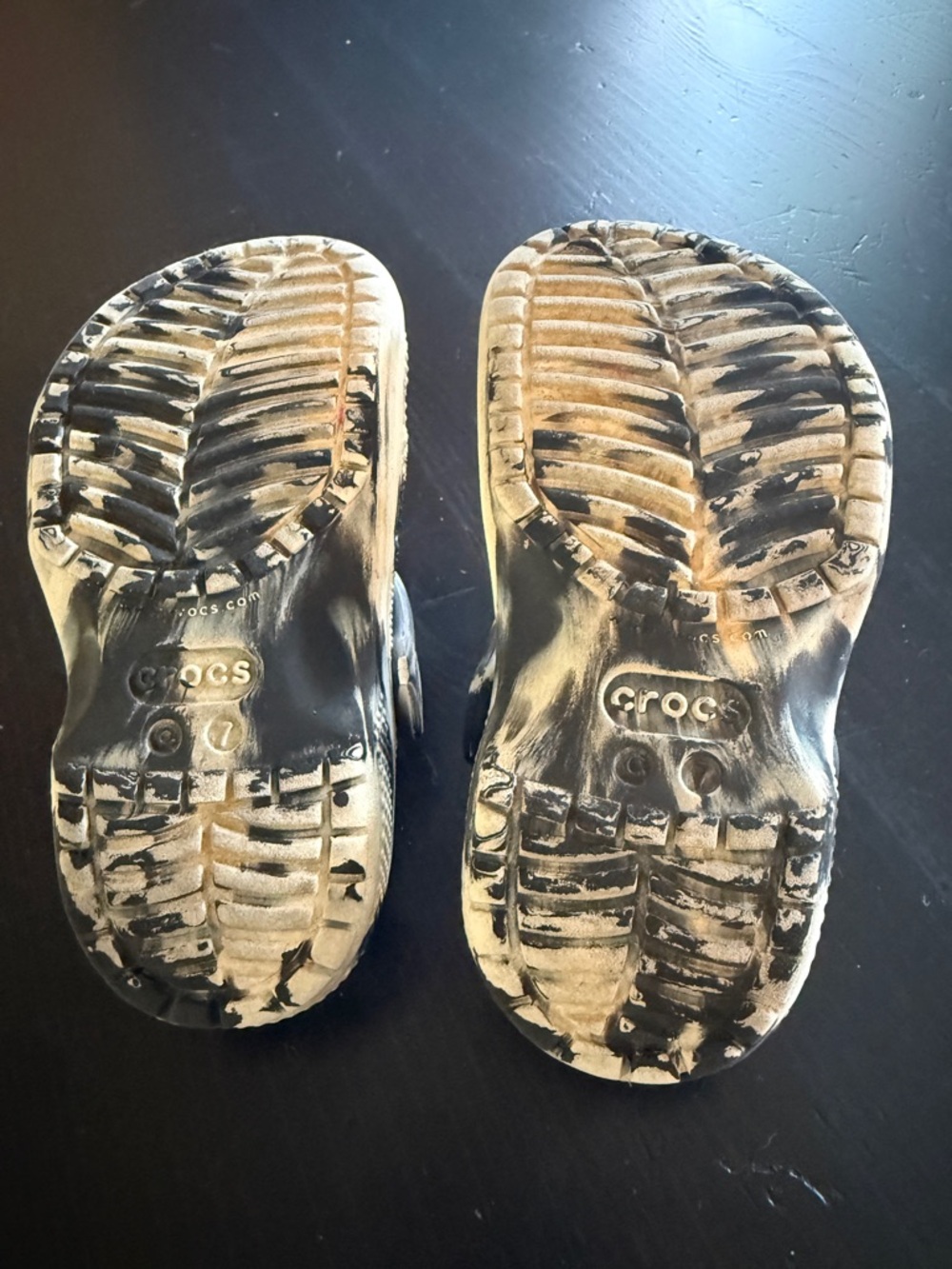 Crocs Childrens Size 7, Black and White Marble Slip On Shoes